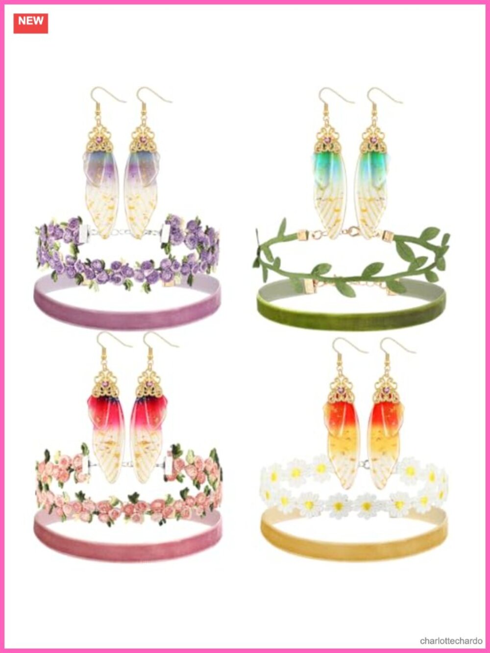 Fairy Flower Choker Necklace Butterfly Earrings Set Velvet Lace Alloy